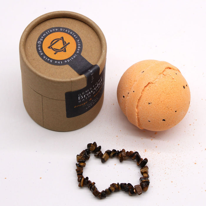 Bomba de Banho com Pulseira de Pedra Olho de Tigre - Laranja e Mandarina com Sal Marinho