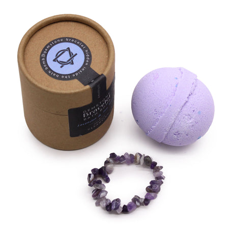 Bomba de Banho com Pulseira de Pedra Ágata Ametista - Lavanda, Melaleuca e Sal Marinho