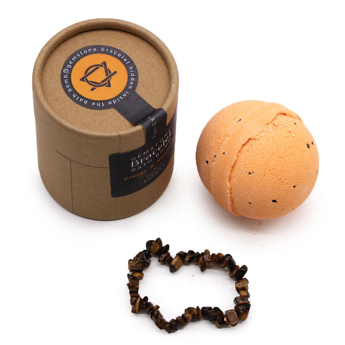 Bomba de Banho com Pulseira de Pedra Olho de Tigre - Laranja e Mandarina com Sal Marinho